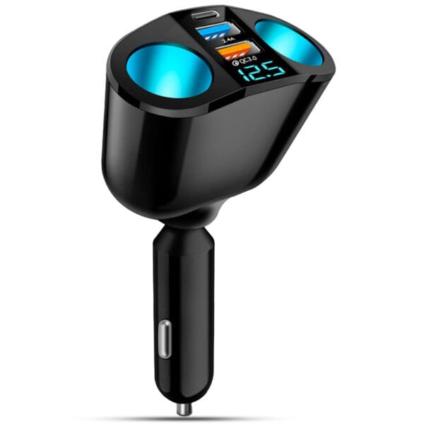 Adaptor priza auto multiplicator 120W, Timebox, 2x soclu auto, 2 x USB, 1 x USB-C, afisaj display voltaj, Negru 1 - Timebox 42482659 - Timebox