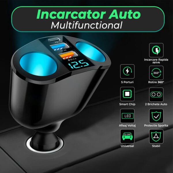 Adaptor priza auto multiplicator 120W, Timebox, 2x soclu auto, 2 x USB, 1 x USB-C, afisaj display voltaj, Negru 2 - Timebox 42482661 1 - Timebox