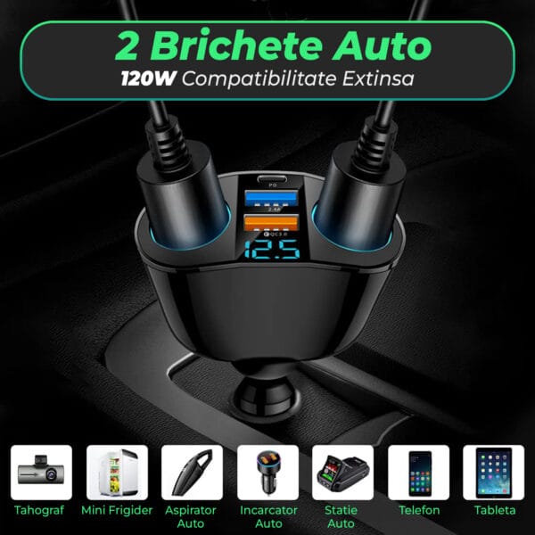 Adaptor priza auto multiplicator 120W, Timebox, 2x soclu auto, 2 x USB, 1 x USB-C, afisaj display voltaj, Negru 3 - Timebox 42482662 1 - Timebox
