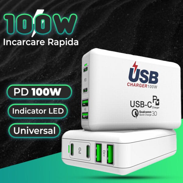 Incarcator Retea Timebox, 4 Porturi, 100W Fast Charge, 2 x USB Q.C 3.0, 2 x Type-C, Compatibil Laptop, Macbook, iPhone, Huawei, Samsung, LED 2 - Timebox 43008401 3 - Timebox