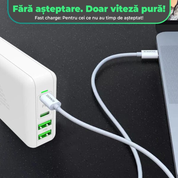 Incarcator Retea Timebox, 4 Porturi, 100W Fast Charge, 2 x USB Q.C 3.0, 2 x Type-C, Compatibil Laptop, Macbook, iPhone, Huawei, Samsung, LED 4 - Timebox 43008403 1 - Timebox