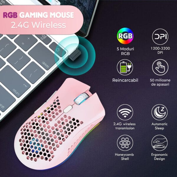 Mouse gaming wireless Timebox, ultrausor 95g, FastCharge, USB, 2.4 GHz, RGB Led, 2 Butoane Programabile, Roz 2 - Timebox 43009541 1 - Timebox