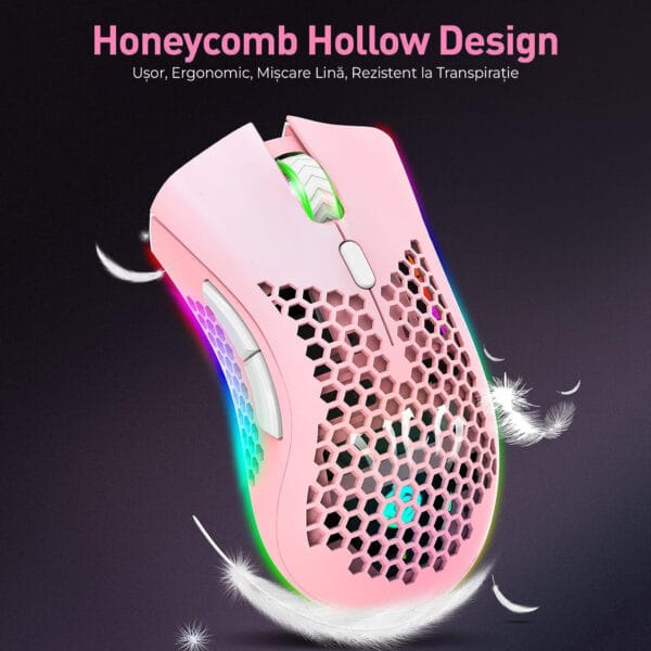 Mouse gaming wireless Timebox, ultrausor 95g, FastCharge, USB, 2.4 GHz, RGB Led, 2 Butoane Programabile, Roz 4 - Timebox 43009548 - Timebox