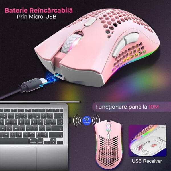 Mouse gaming wireless Timebox, ultrausor 95g, FastCharge, USB, 2.4 GHz, RGB Led, 2 Butoane Programabile, Roz 6 - Timebox 43009551 - Timebox