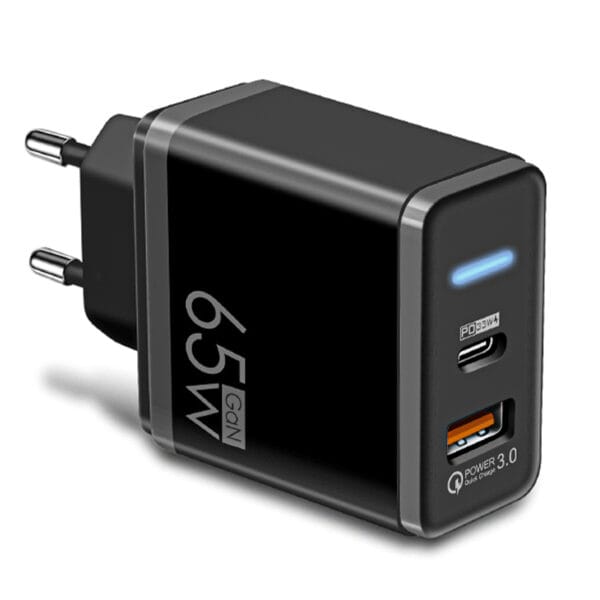 Incarcator Retea Timebox, 2 Porturi, 65W Fast Charge, 1 x Type-C 33W, 1 x Q.C 3.0, LED, Negru 1 - Timebox 43061049 - Timebox