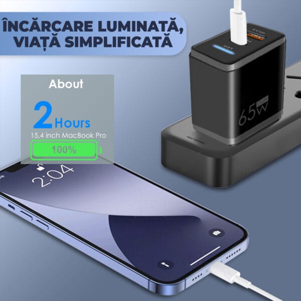 Incarcator Retea Timebox, 2 Porturi, 65W Fast Charge, 1 x Type-C 33W, 1 x Q.C 3.0, LED, Negru 5 - Timebox 43061055 - Timebox