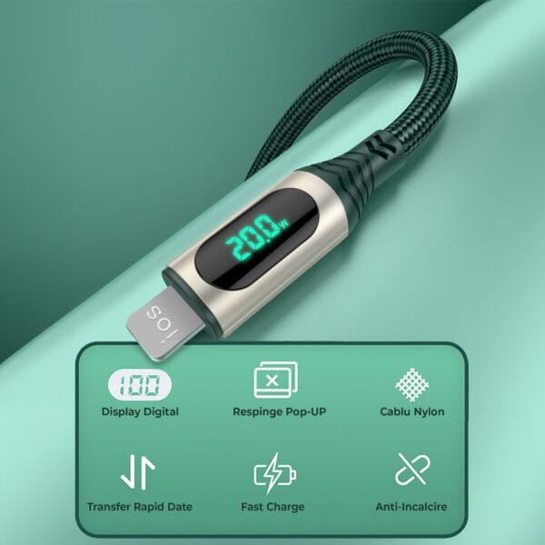 Cablu Date si Incarcare Rapida Timebox, Afisaj Led, QC 3.0, Lightning, 1m, Verde 2 - Timebox 43083298 1 - Timebox