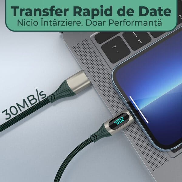 Cablu Date si Incarcare Rapida Timebox, Afisaj Led, QC 3.0, Lightning, 1m, Verde 3 - Timebox 43083299 1 - Timebox