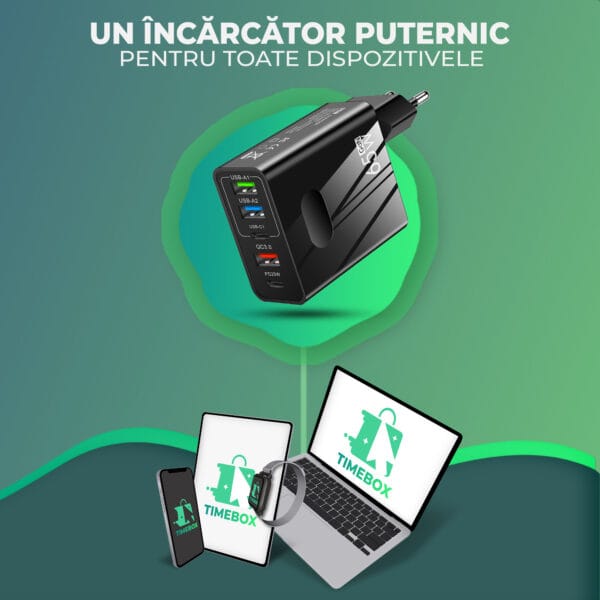 Incarcator Retea Timebox, 5 Porturi, 65W Fast Charge, 3 x USB, 2 x Type-C, QC 3.0, Negru 7 - Timebox 43421603 - Timebox
