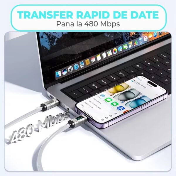 Cablu de Incarcare si Transfer de Date, Timebox, Fast Charge, Display Digital, 2m, Nylon, USB-C la Lightning, Alb 4 - Timebox 44 - Timebox