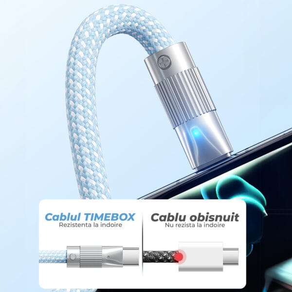 Cablu Date si Incarcare Rapida 120W Timebox, USB la Type-C, 1 m, LED, Nilon, Albastru 4 - Timebox 44630562 - Timebox