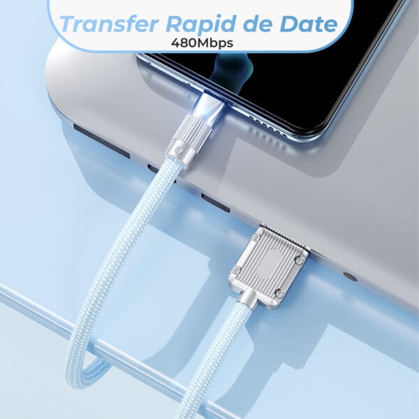 Cablu Date si Incarcare Rapida 120W Timebox, USB la Type-C, 1 m, LED, Nilon, Albastru 6 - Timebox 44630564 - Timebox
