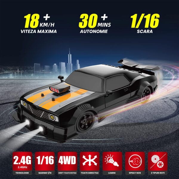 Masina cu telecomanda RC, Timebox, Drift car, 20km/h, lumini LED, cauciucuri interschimbabile, 1:16, 2 baterii tip acumulator incluse, Negru/Portocaliu 2 - Timebox 44883780 1 - Timebox