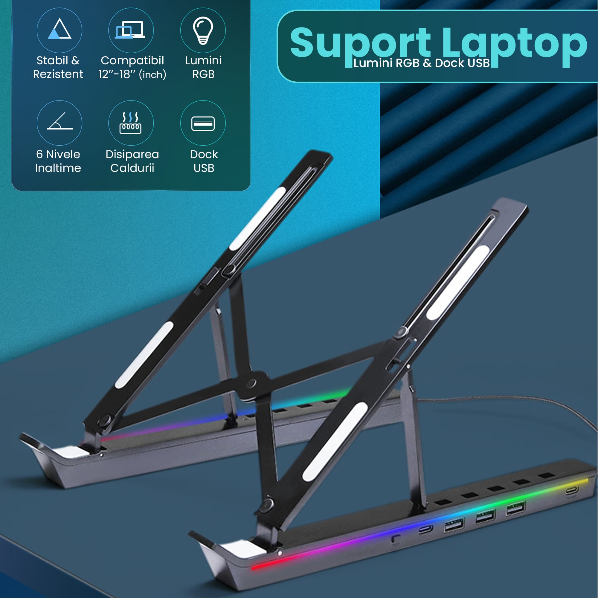 Suport pentru laptop si tableta 12-18" Timebox, Hub adaptor 3 x USB, 2 x Type-C, RGB LED, Aluminiu, Inaltime reglabila, Anti-alunecare, Compatibil Laptop, Macbook, Negru 9 - Timebox 44886116 2 - Timebox