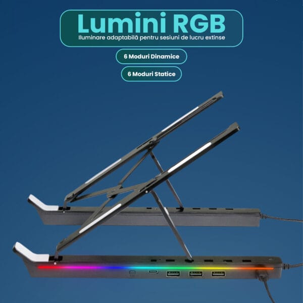 Suport pentru laptop si tableta 12-18" Timebox, Hub adaptor 3 x USB, 2 x Type-C, RGB LED, Aluminiu, Inaltime reglabila, Anti-alunecare, Compatibil Laptop, Macbook, Negru 3 - Timebox 44886117 1 - Timebox