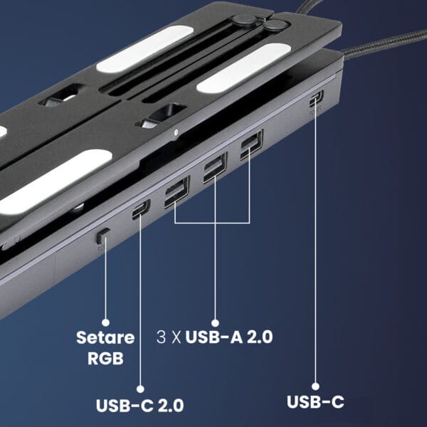 Suport pentru laptop si tableta 12-18" Timebox, Hub adaptor 3 x USB, 2 x Type-C, RGB LED, Aluminiu, Inaltime reglabila, Anti-alunecare, Compatibil Laptop, Macbook, Negru 4 - Timebox 44886120 1 - Timebox