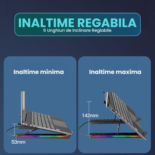 Suport pentru laptop si tableta 12-18" Timebox, Hub adaptor 3 x USB, 2 x Type-C, RGB LED, Aluminiu, Inaltime reglabila, Anti-alunecare, Compatibil Laptop, Macbook, Negru 5 - Timebox 44886124 1 - Timebox
