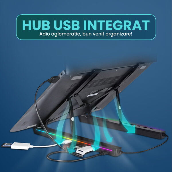 Suport pentru laptop si tableta 12-18" Timebox, Hub adaptor 3 x USB, 2 x Type-C, RGB LED, Aluminiu, Inaltime reglabila, Anti-alunecare, Compatibil Laptop, Macbook, Negru 6 - Timebox 44886125 1 - Timebox