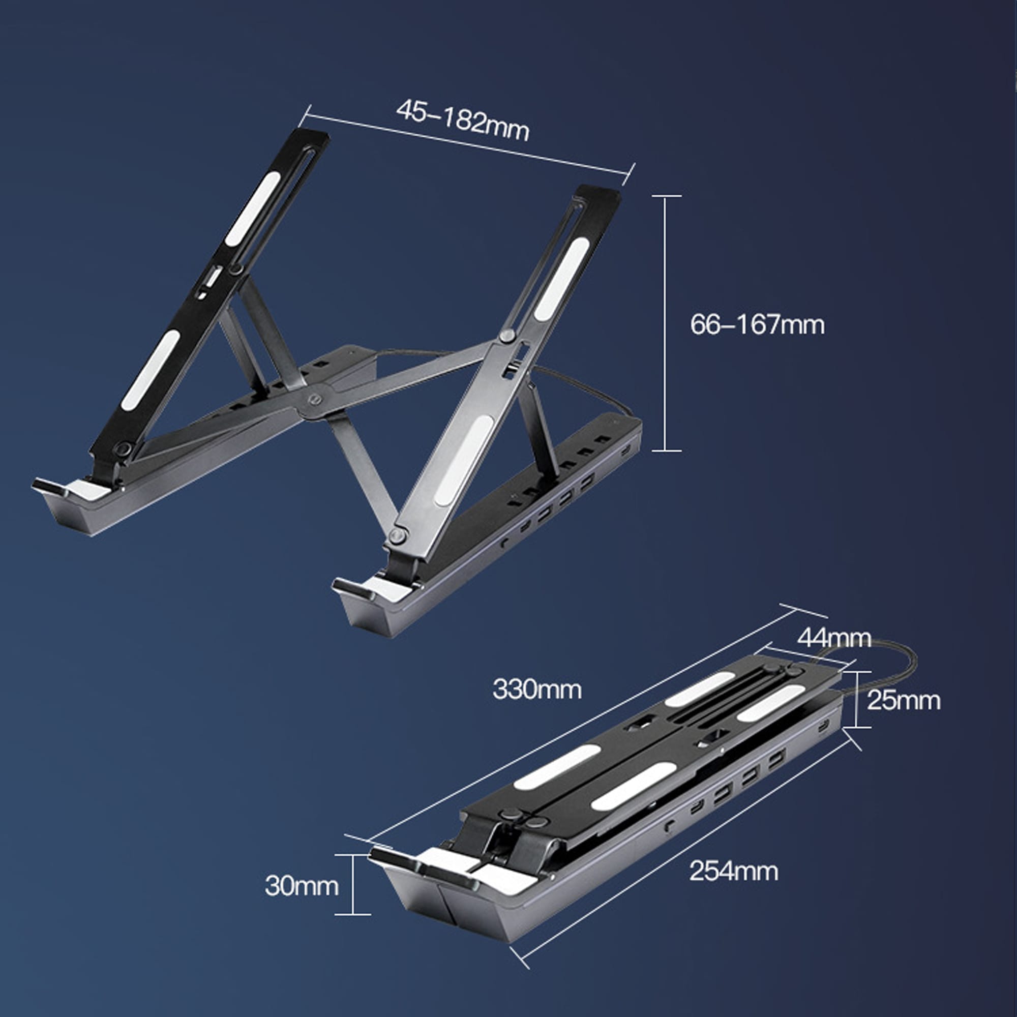 Suport pentru laptop si tableta 12-18" Timebox, Hub adaptor 3 x USB, 2 x Type-C, RGB LED, Aluminiu, Inaltime reglabila, Anti-alunecare, Compatibil Laptop, Macbook, Negru 11 - Timebox 44886127 2 - Timebox