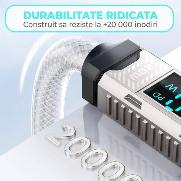 Cablu de Incarcare si Transfer de Date, Timebox, Fast Charge, Display Digital, 2m, Nylon, USB-C la Lightning, Alb 5 - Timebox 55 - Timebox