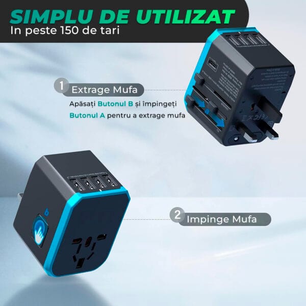 incarcator universal fast charge uk usa eu priza adaptor type c usb 4 porturi rose gold 12 - Timebox