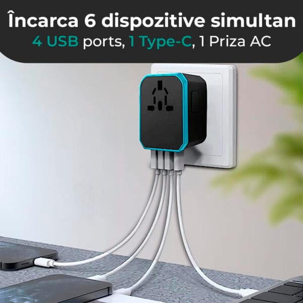 incarcator universal fast charge uk usa eu priza adaptor type c usb 4 porturi rose gold 8 - Timebox