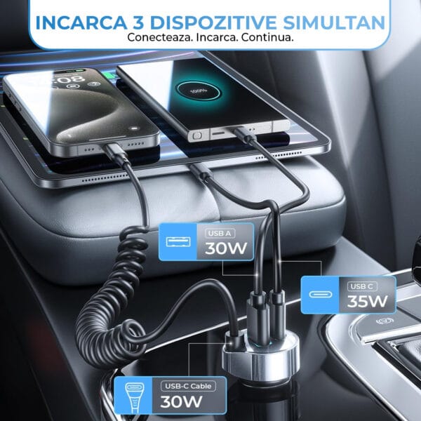 1724496265 Incarcator auto Fast Charge 3 in 1 USB cu cablu de incarcare voltaj led Compatibil iphone samsung huawei 3 1 - Timebox