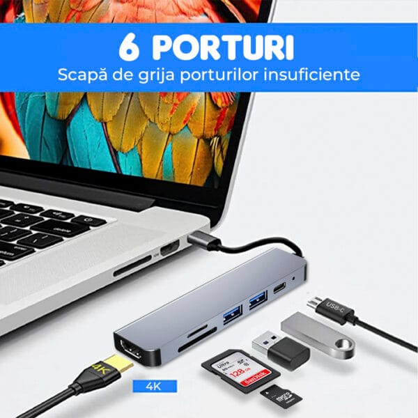 Hub USB 6 in 1, Type-C / USB 3.0. Cu Port HDMI 4K, Card Reader TF/SD, 87W, 480 Mbps, 5 Gbps, Compatibil laptop MacBook, PC, Aluminiu, Argintiu 2 - Timebox 41303825 - Timebox