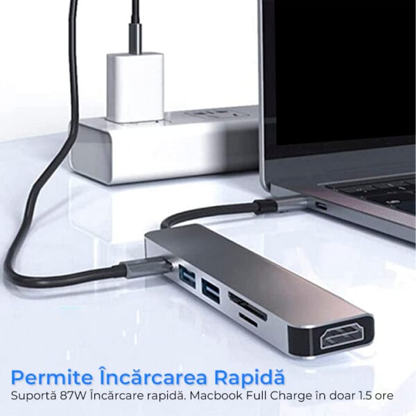 Hub USB 6 in 1, Type-C / USB 3.0. Cu Port HDMI 4K, Card Reader TF/SD, 87W, 480 Mbps, 5 Gbps, Compatibil laptop MacBook, PC, Aluminiu, Argintiu 5 - Timebox 41303828 - Timebox
