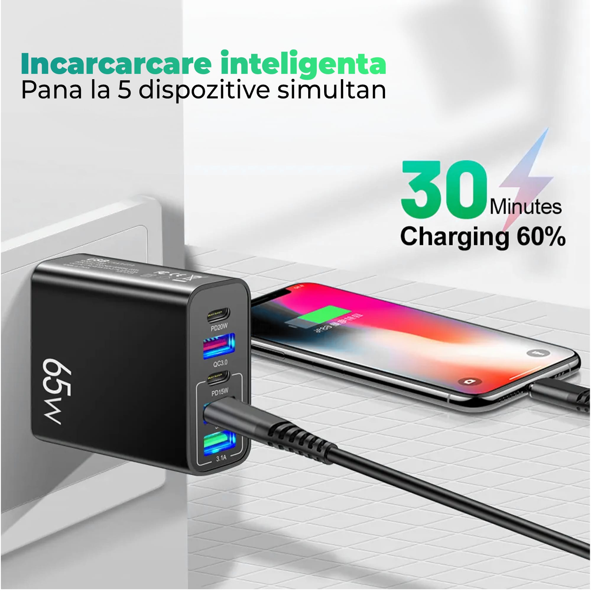 Incarcator Retea Timebox, 5 Porturi, 65W Fast Charge, 2 x Type-C, 3 x USB, QC 3.0, Compatibil iPhone, Samsung, Huawei, Negru 6 - Timebox 42299967 - Timebox
