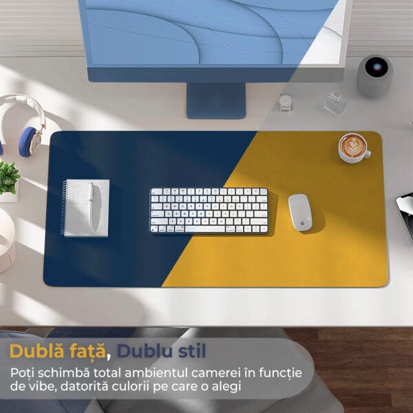 Mapa de birou XXL, Timebox, 80 x 40 cm, Cu 2 fete din Piele Ecologica, impermeabil pentru protectie masa office, Galben/Albastru 2 - Timebox 45459153 - Timebox