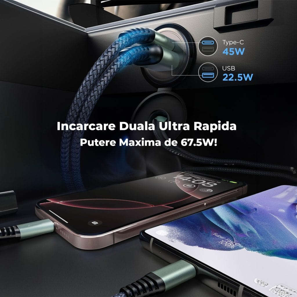 Incarcator Auto Timebox, Fast Charge 67W, 1 x USB QC 3.0, 1 x Type-C, Material Durabil - Zinc, Compatibil cu iPhone 16, Apple, Samsung, Huawei, Negru 11 - Timebox 3 71 - Timebox