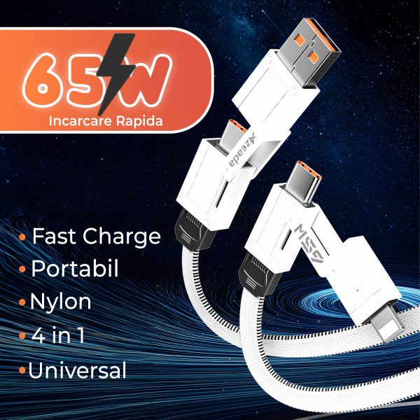 Cablu de date si Incarcare Rapida 4 in 1 Fast Charge 65W 1.5m USB Lightning Type C iPhone Huawei Macbook Xiaomi Laptop 5 - Timebox