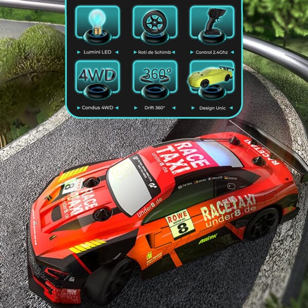 Masina cu telecomanda RC Timebox Drift car 20kmh lumini LED cauciucuri interschimbabile 10 - Timebox