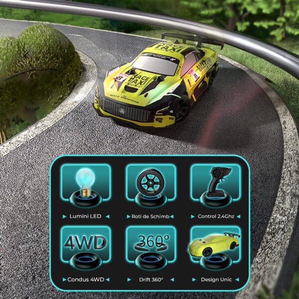 Masina cu telecomanda RC Timebox Drift car 20kmh lumini LED cauciucuri interschimbabile 2 - Timebox