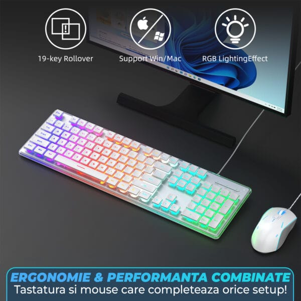 Kit Tastatura Mouse Gaming Timebox RGB 104 tastecu fir 7 culori si moduri de iluminare Design Ergonomic alb 2 - Timebox