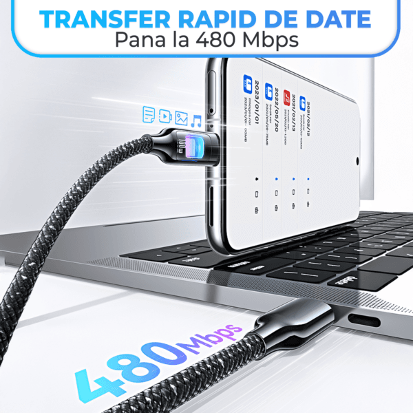 Cablu de Incarcare si Transfer de Date, Timebox, Fast Charge 100W, Aliaj de Zinc, 1.2m, Nylon, USB-C la Type-C, Lumini RGB, Universal Compatibil iPhone 15, Macbook, Android, Samsung, Huawei, Macbook, Xiaomi, Negru 6 - Timebox cablu iphone samsung type c usb c GS 435 C C NE 6 - Timebox