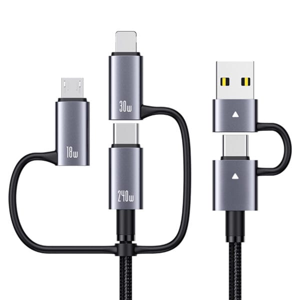 Cablu de Incarcare si Transfer de Date, Timebox, Fast Charge 240W, 1.2m, 5 in 1 , 2 x USB-C, USB, Lightning, Micro USB Compatibil Macbook, iPhone, Samsung, Huawei, Xiaomi, Gri 1 - Timebox 1 2 - Timebox