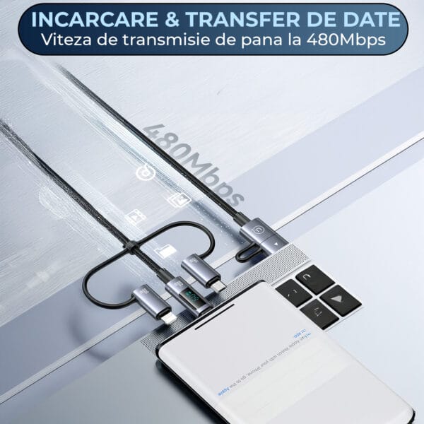 Cablu de Incarcare si Transfer de Date 5 in 1, 480 Mbps, Timebox, Fast Charge 60W, 1.2m, 2 x USB-C, USB, Micro USB, Lightning, Compatibil Macbook, Android, Samsung, Huawei, Xiaomi, Gri 3 - Timebox 2 1 - Timebox