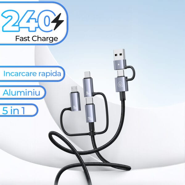 Cablu de Incarcare si Transfer de Date, Timebox, Fast Charge 240W, 1.2m, 5 in 1 , 2 x USB-C, USB, Lightning, Micro USB Compatibil Macbook, iPhone, Samsung, Huawei, Xiaomi, Gri 2 - Timebox 2 2 - Timebox