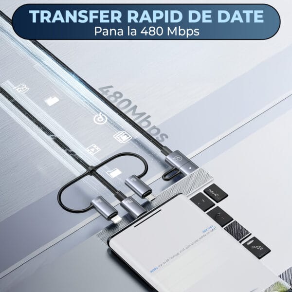 Cablu de Incarcare si Transfer de Date, Timebox, Fast Charge 240W, 1.2m, 5 in 1 , 2 x USB-C, USB, Lightning, Micro USB Compatibil Macbook, iPhone, Samsung, Huawei, Xiaomi, Gri 5 - Timebox 5 3 - Timebox