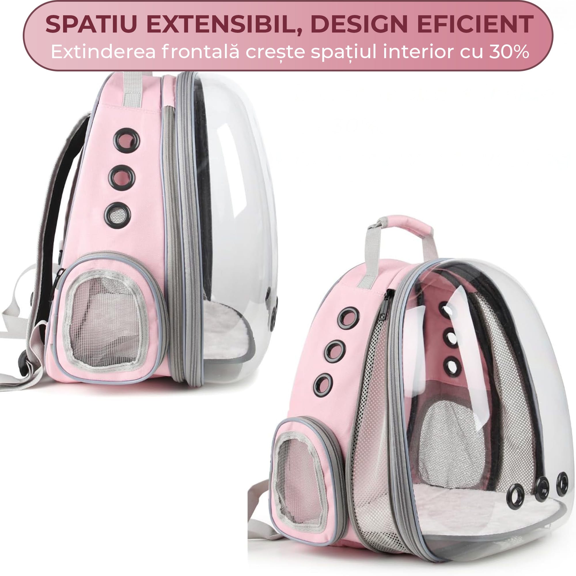 Rucsac Transparent Extensibil pentru Pisici si Caini Mici – Design Tip Capsula cu Fereastra Clara, Ventilatie Avansata, Aprobat pentru Calatorii si Avion, Ideal pentru Drumetii si Plimbari, Roz 9 - Timebox 2 26 - Timebox
