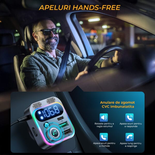 Modulator FM Auto Bluetooth 5.0 Timebox – Microfoane Duale, Incarcare Rapida 48W PD30W + QC18W, Ecran LED, Sunet Hi-Fi, Apeluri Hands-Free, 3 Moduri Redare (USB, AUX, Bluetooth), Negru 7 - Timebox 4 3 - Timebox