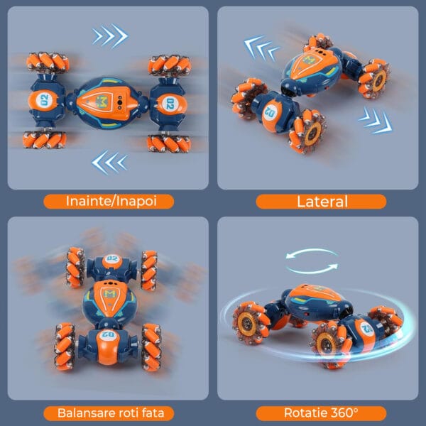 Masina cu Telecomanda RC Stunt Acrobatii Timebox, Rotire 360°, Control prin Gesturi, 4WD Off Road, Lumini si Sunete, baterie tip acumulator reincarcabila, Drift Lateral 2.4Ghz Jucarie Cadou pentru Copii 6-12 Ani, Portocaliu/Albastru 6 - Timebox 6 10 - Timebox