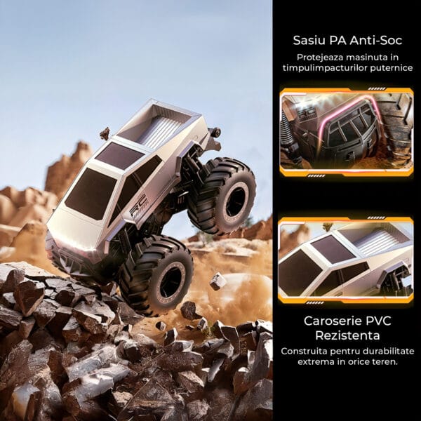 Cybertruck RC Car Timebox, 4WD Off-Road 1:16 , Pentru Toate Tipurile de Teren, 2 Baterii tip acumulator reincarcabile, LED-uri, 360° Drift, Rezistenta la Apa, Jucarie Potrivita pentru Copii si Adulti +4 ani, Gri 9 - Timebox 7 3 - Timebox