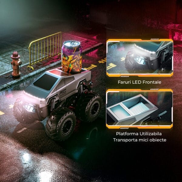 Cybertruck RC Car Timebox, 4WD Off-Road 1:16 , Pentru Toate Tipurile de Teren, 2 Baterii tip acumulator reincarcabile, LED-uri, 360° Drift, Rezistenta la Apa, Jucarie Potrivita pentru Copii si Adulti +4 ani, Gri 7 - Timebox 8 1 - Timebox