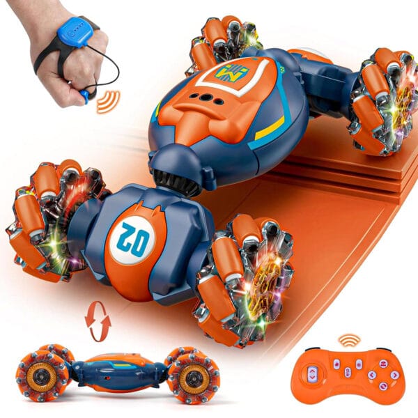 Masina cu Telecomanda RC Stunt Acrobatii Timebox, Rotire 360°, Control prin Gesturi, 4WD Off Road, Lumini si Sunete, baterie tip acumulator reincarcabila, Drift Lateral 2.4Ghz Jucarie Cadou pentru Copii 6-12 Ani, Portocaliu/Albastru 1 - Timebox masina cu telecomanda copii 4x4 acrobatii cadou jucarie GS 526 ARU POR - Timebox